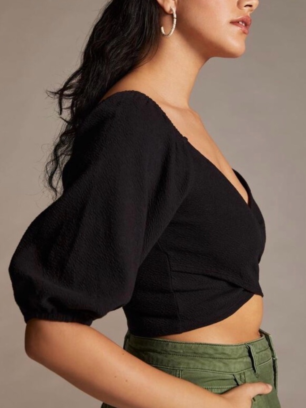 Maeve Anthropologie Black Textured Puff Sleeve Wrap Crop Top S